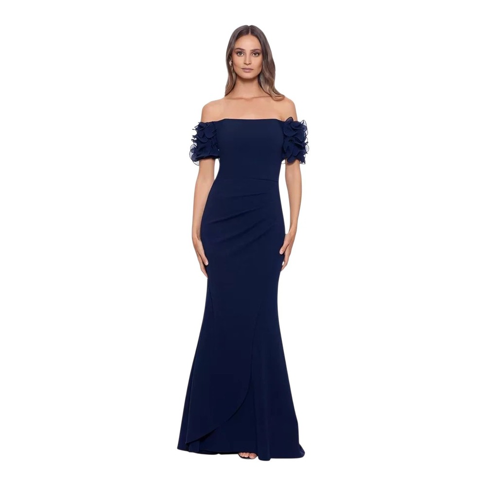 XSCAPE Elegant Navy Off-Shoulder Evening Gown Ruffle Sleeves Size 6